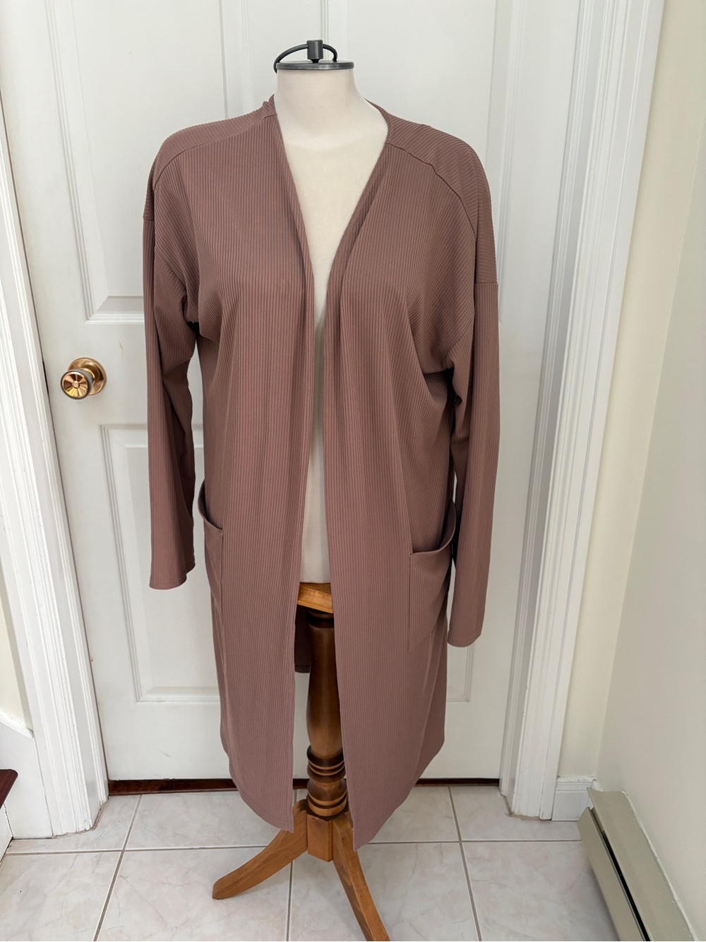 Joan Vass Mauve Ribbed Open-Front Long Cardigan